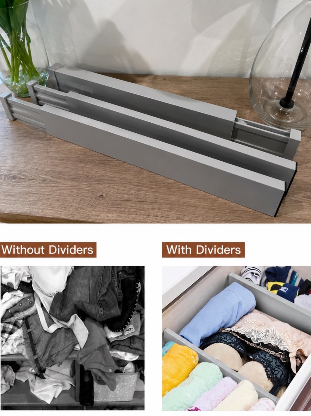 Utoplike 4 Pack Bamboo Adjustable Drawer Dividers / Organizer Gray, 16.8”-21.8”